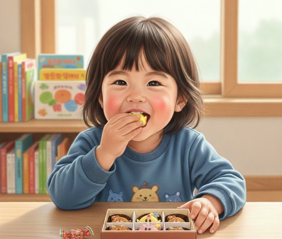 꿈돌이 호두과자를 먹는 아이. 실제와 차이가 있을 수 있음을 알립니다. AI가 생성한 자료사진.