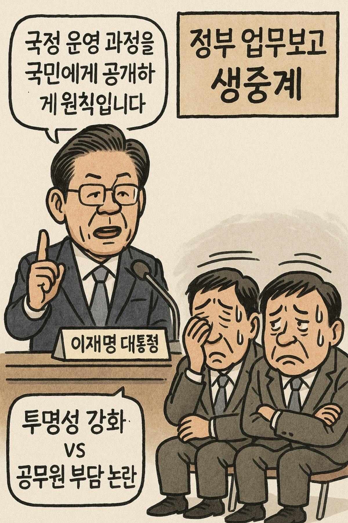 [만평] '정부 업무보고, 생중계하는 이유는?!' 기사 내용을 바탕으로 제작한 자료사진.