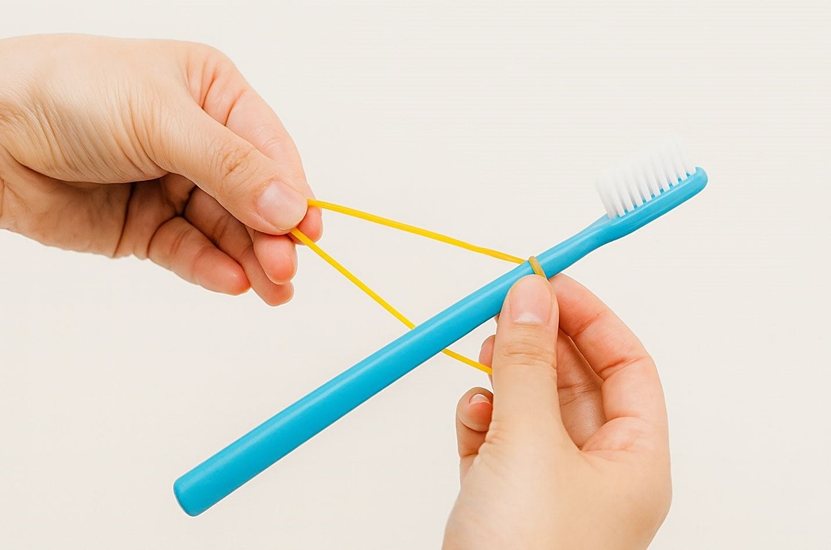 칫솔을 고무줄로 묶는 모습. 기사 이해를 돕기 위해 AI를 활용해 제작한 자료 사진입니다.
