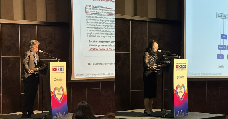 ‘한국심초음파학회 추계학술대회’ 에서 김대희 교수(왼쪽)와 김다래 교수가 발표하고 있다. / 한미약품 보도자료