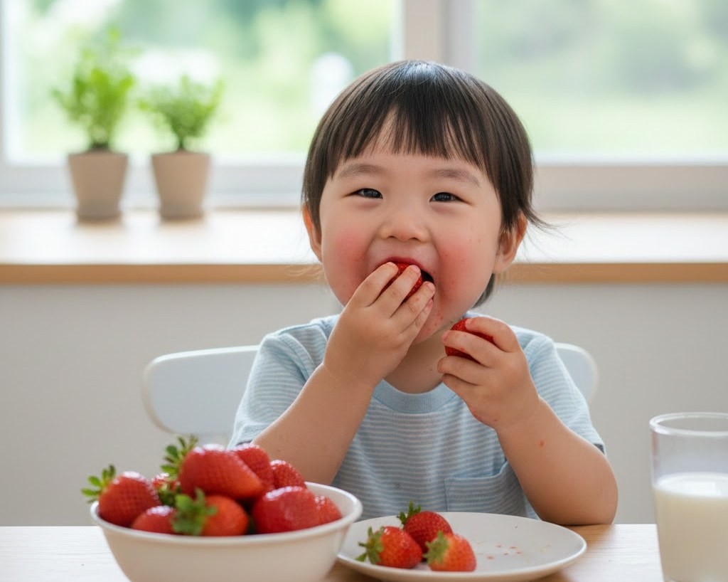 딸기를 먹는 아이. 기사 내용을 바탕으로 AI가 생성한 자료사진.