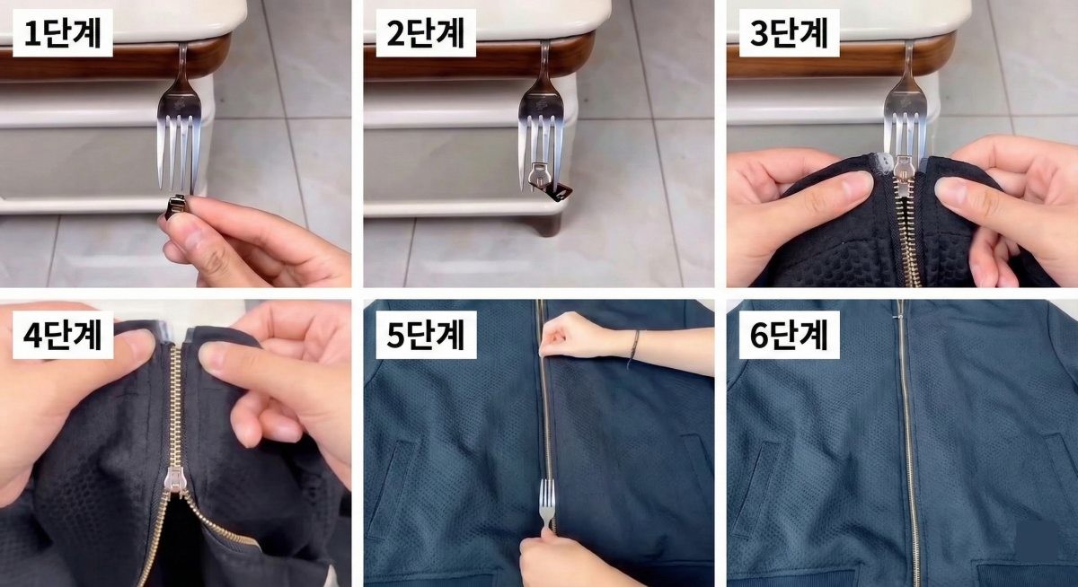 '포크 활용해 지퍼 고치는 꿀팁'. 기사 내용을 바탕으로 제작한 자료사진.
