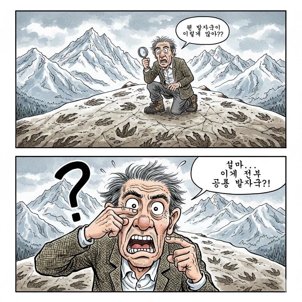 [만화] 이탈리아 알프스에서 공룡 발자국을 발견한 학자. 기사 내용을 바탕으로 AI가 생성한 자료사진. (실제와 차이가 있을 수 있습니다.)