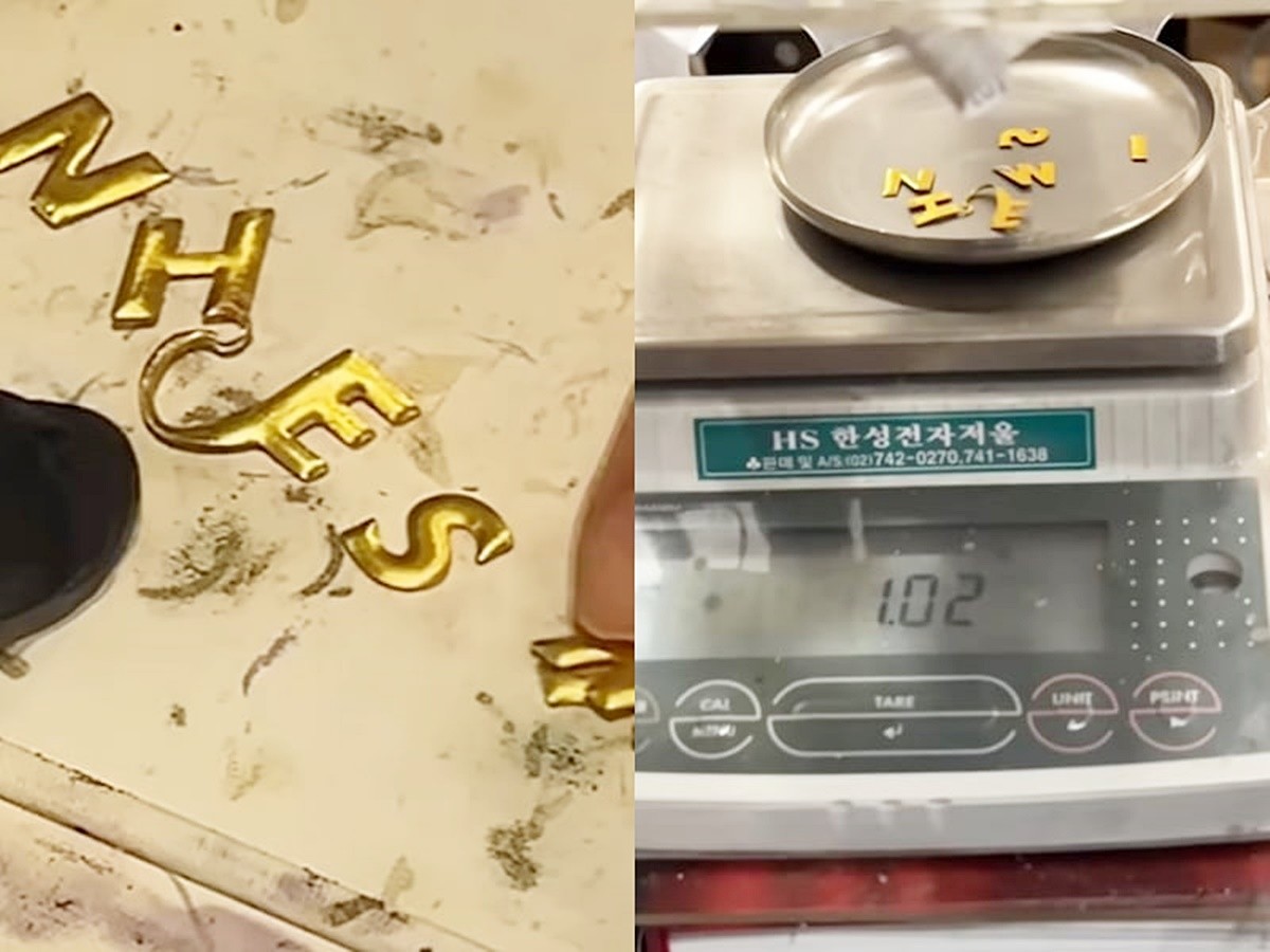 과거 한정 판매됐던 LG전자 휘센 에어컨 로고가 순금으로 확인됐다.  / 유튜브 채널 '링링언니'