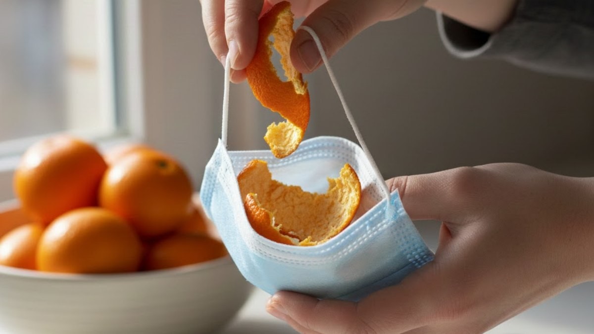 귤껍질을 마스크에 넣는 모습. 기사 내용을 바탕으로 AI가 생성한 자료사진.