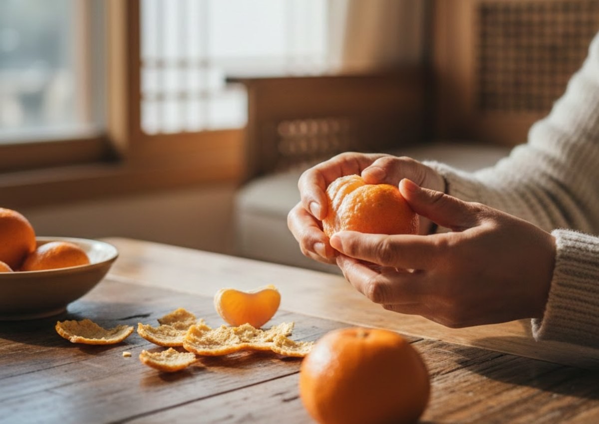 귤 껍질을 벗겨내는 모습. AI가 생성한 자료사진.