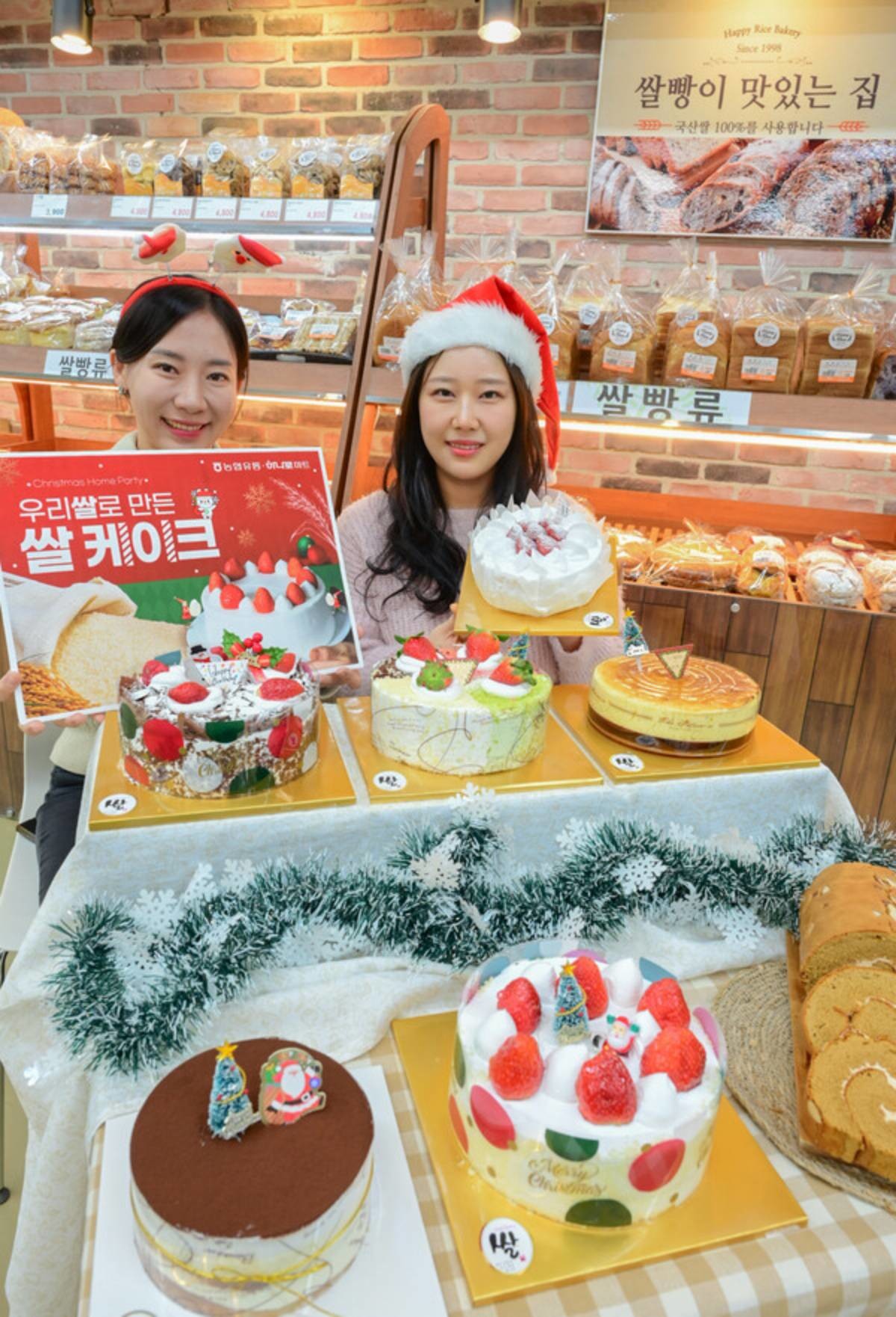 농협유통이 건강을 위해 연말 모임과 크리스마스에 우리 쌀로 만든 '쌀 케이크'를 추천한다고 지난 17일 밝혔다. 모델들이 우리 쌀로 만든 '쌀 케이크'를 소개하고 있다. / 농협유통 제공
