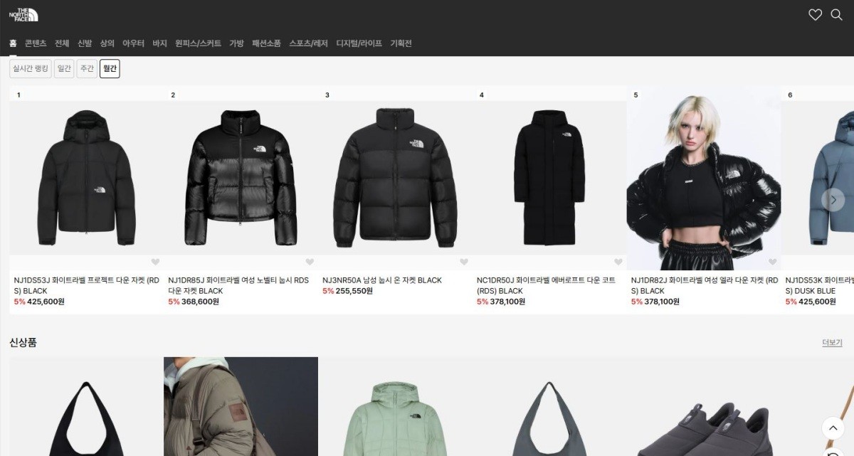 글로벌 아웃도어 브랜드 노스페이스가 13년 연속 패션 부문 1위 자리를 지켰다. / 무신사-노스페이스 검색 홈페이지 캡처