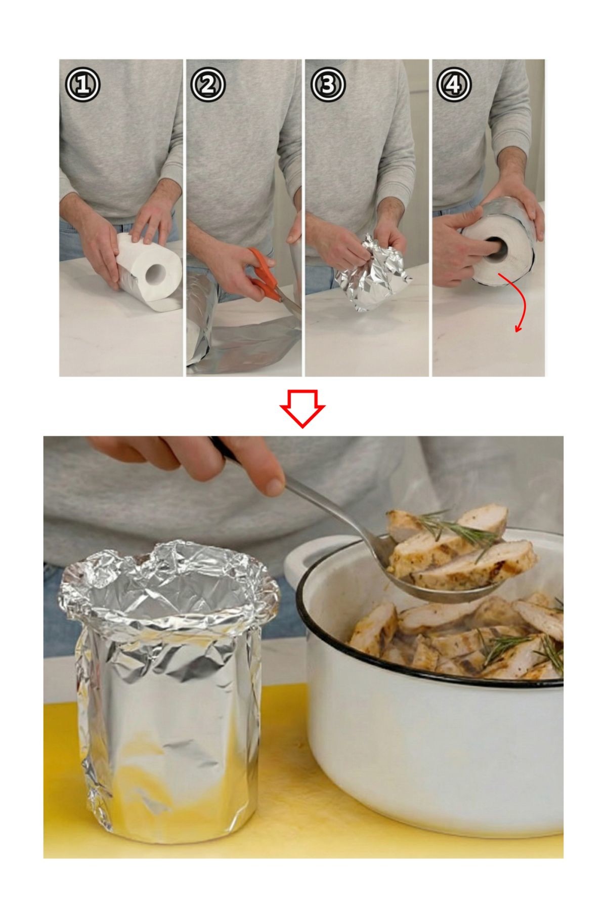 화장지-쿠킹호일 활용해 보온성 있는 초간편 일회용 용기 만드는 꿀팁 소개. 기사 내용을 바탕으로 제작한 자료사진.