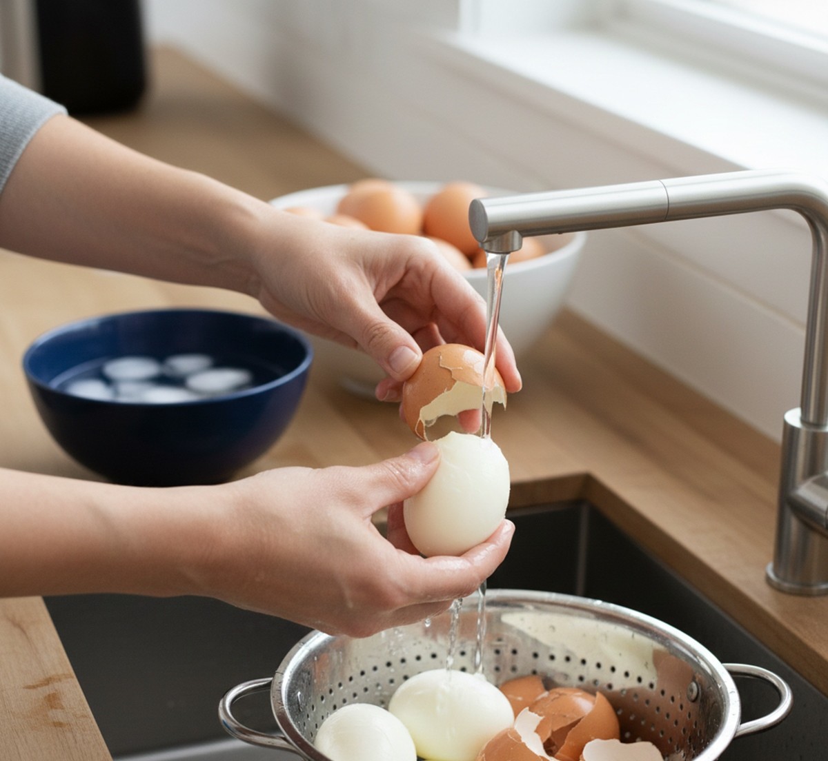 삶은 계란 껍질을 벗기고 있는 AI 이미지