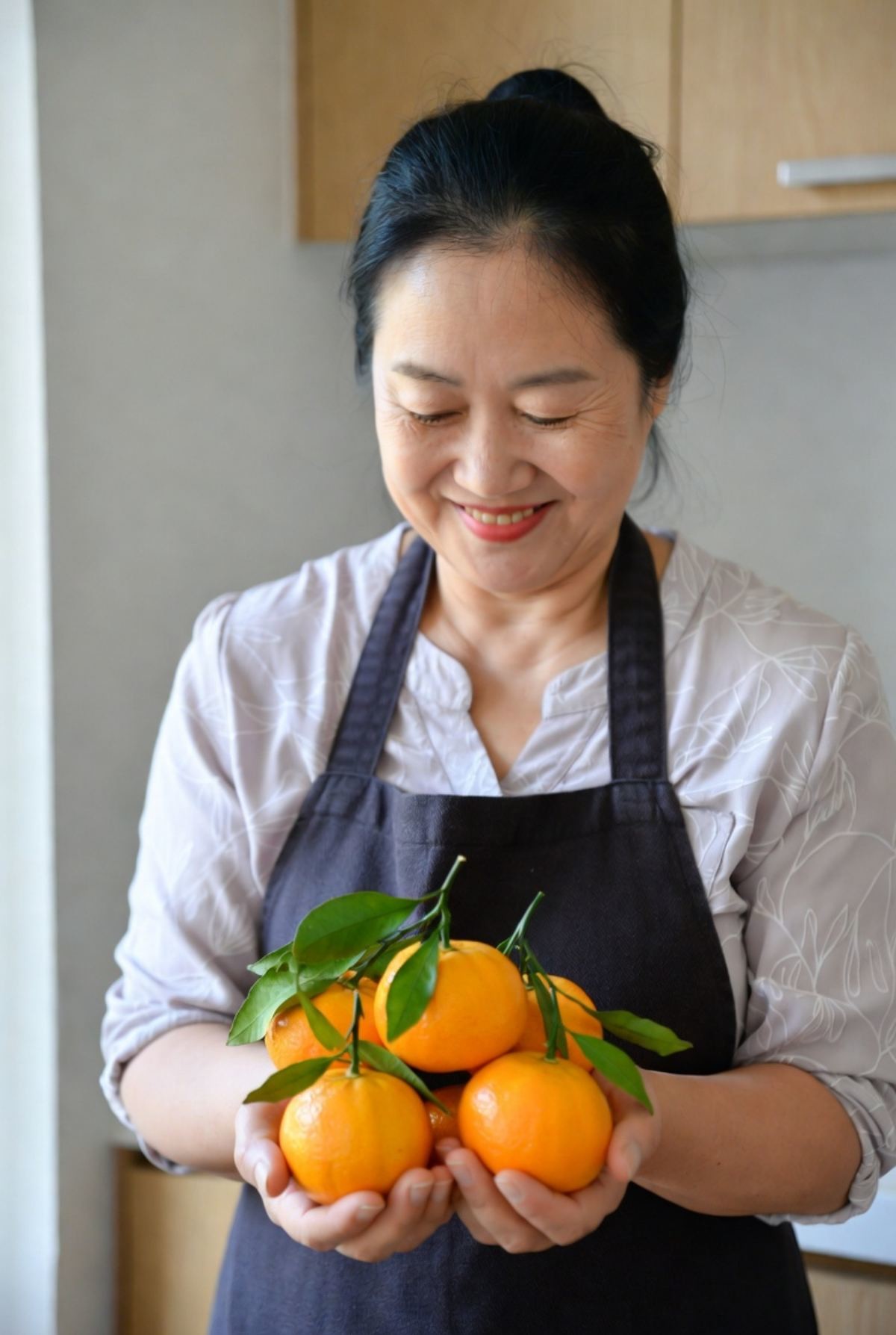 귤을 손에 들고 미소 짓고 있는 주부. 기사 내용을 바탕으로 제작한 자료사진.