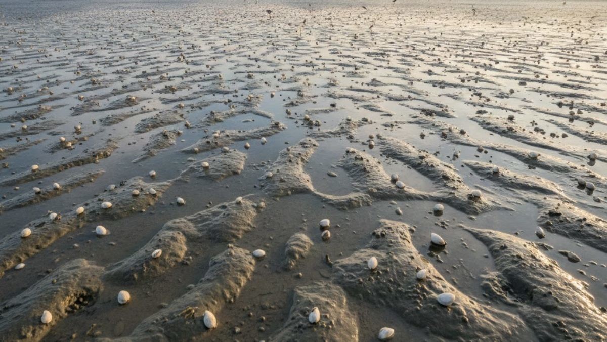 바지락이 있는 갯벌. AI가 생성한 자료사진. (실제와 차이가 있을 수 있음을 밝힙니다.)