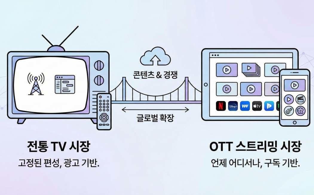 'TV, OTT 콘텐츠 시장' 기사 내용을 바탕으로 제작한 자료사진.