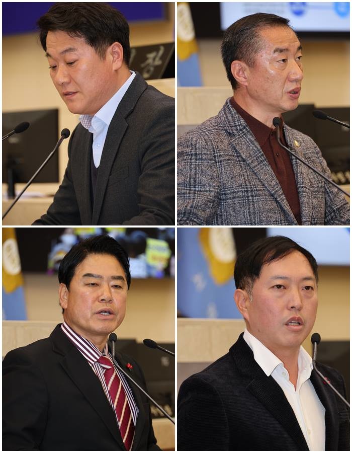 (왼쪽부터)양윤제 예산결산특별위원장과 5분자유발언하는 김형철, 안병국,정원석 의원/포항시의회
