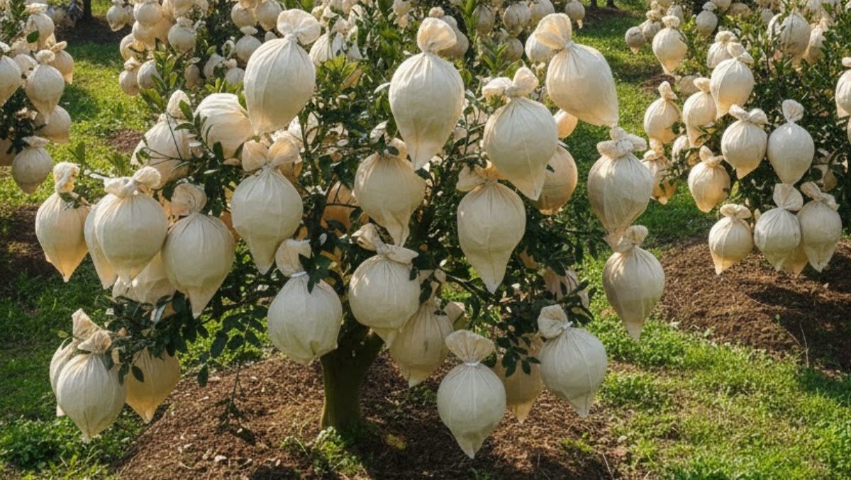 레드향 농가. 레드향이 천에 감싸져 있다. AI가 생성한 자료사진. (실제와 직접적인 연관은 없음을 밝힙니다.)