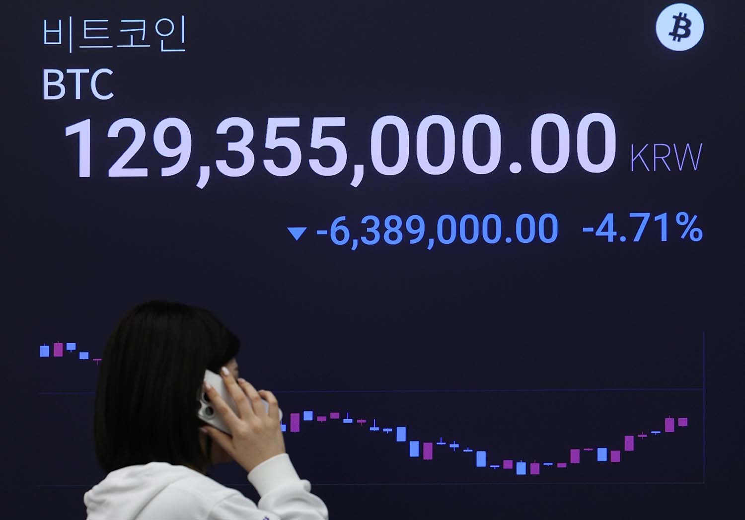 업비트 전광판. 비트코인이 급락해 8만6000달러선에서 후퇴한 지난 1일 전광판 모습이다. / 뉴스1