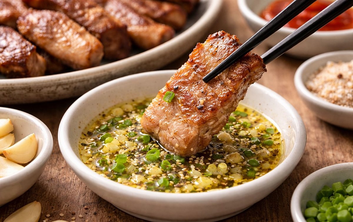 기름장에 고기를 찍어 먹는 모습. 기사 이해를 돕기 위해 AI를 활용해 제작한 자료 사진입니다.