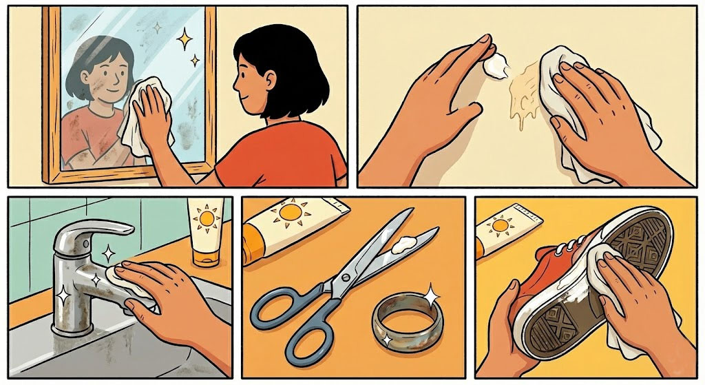 [만화] 남은 선크림은 일상생활 곳곳에서 활용할 수 있다. 유리 청소, 스티커 끈적임 제거, 세면대 세정, 녹 관리, 신발 청소 등에 이용해 보자.