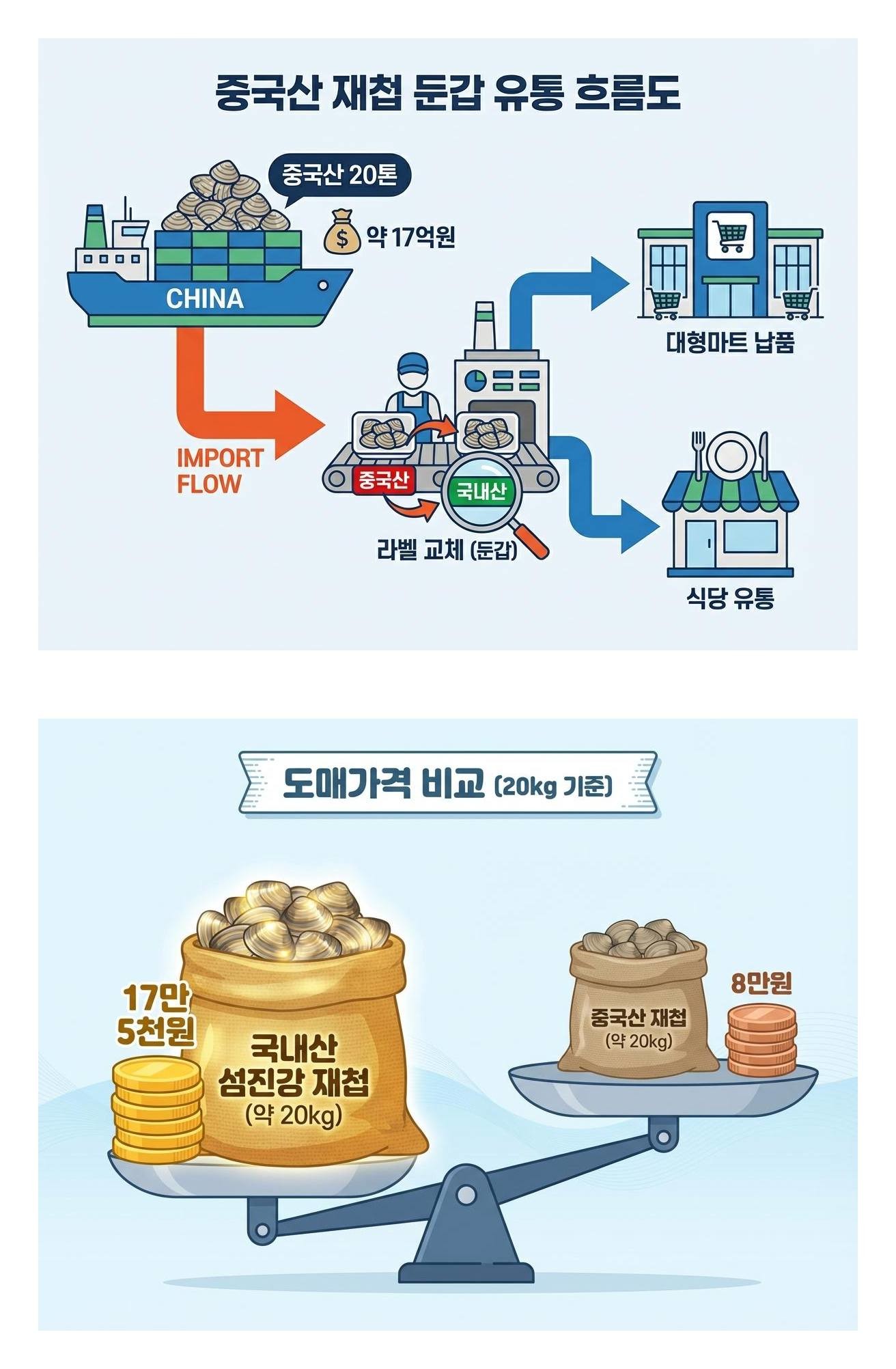 여수해양경찰서는 중국산 재첩을 국내산으로 속여 판 혐의(농수산물의 원산지 표시에 관한 법률 위반 등)로 유통업자 A 씨 등 5명을 불구속 입건했다고 24일 밝혔다. A 씨 등은 중국에서 사들인 재첩을 섬진강 등 국내산으로 둔갑시켜 온오프라인 대형마트와 식당 등에 납품한 혐의를 받고 있다. 기사 내용을 바탕으로 제작한 자료사진.         이들이 유통한 재첩은 20t으로 시가 17억원에 달하는 것으로 해경은 추산했다.