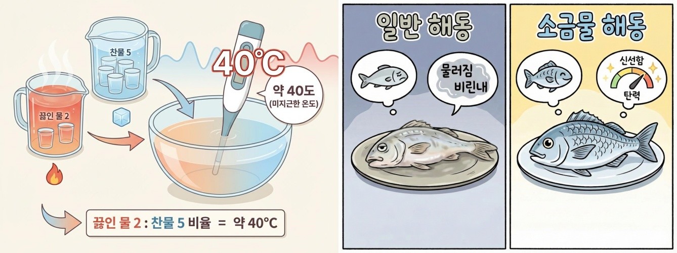 AI툴로 제작한 이미지. 미지근한 물에 소금 두 스푼 가량을 넣은 '소금물'에 생선을 10분 내로 두면 살이 덜 무르고 빠르게 해동할 수 있다.