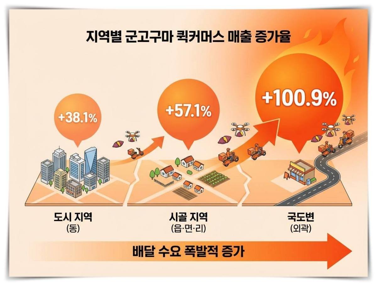 '지역별 군고구마 퀵커머스 매출 증가율' 기사 내용을 바탕으로 제작한 자료사진.