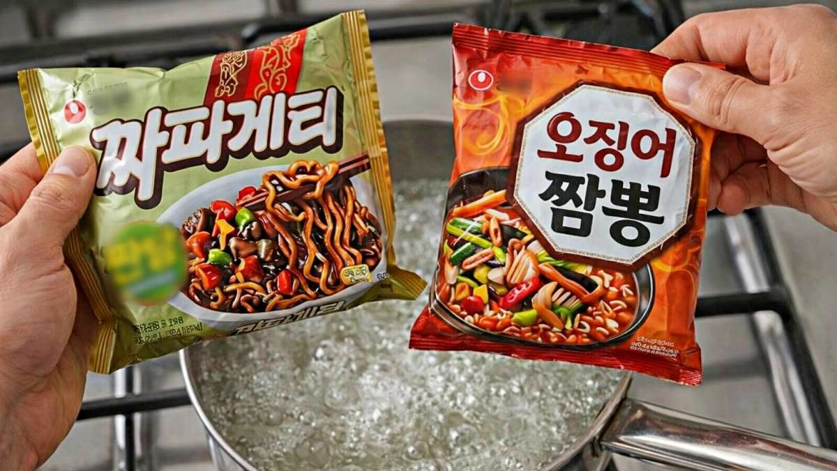 '짜파게티랑 오징어 짬뽕, 딱 1분만 같이 끓여보세요…이걸 왜 지금 알았죠' 기사 내용을 바탕으로 제작한 자료사진.