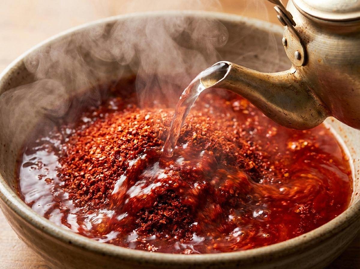 '고춧가루를 팔팔 끓는 뜨거운 물에?!' 기사 내용을 바탕으로 제작한 자료사진.