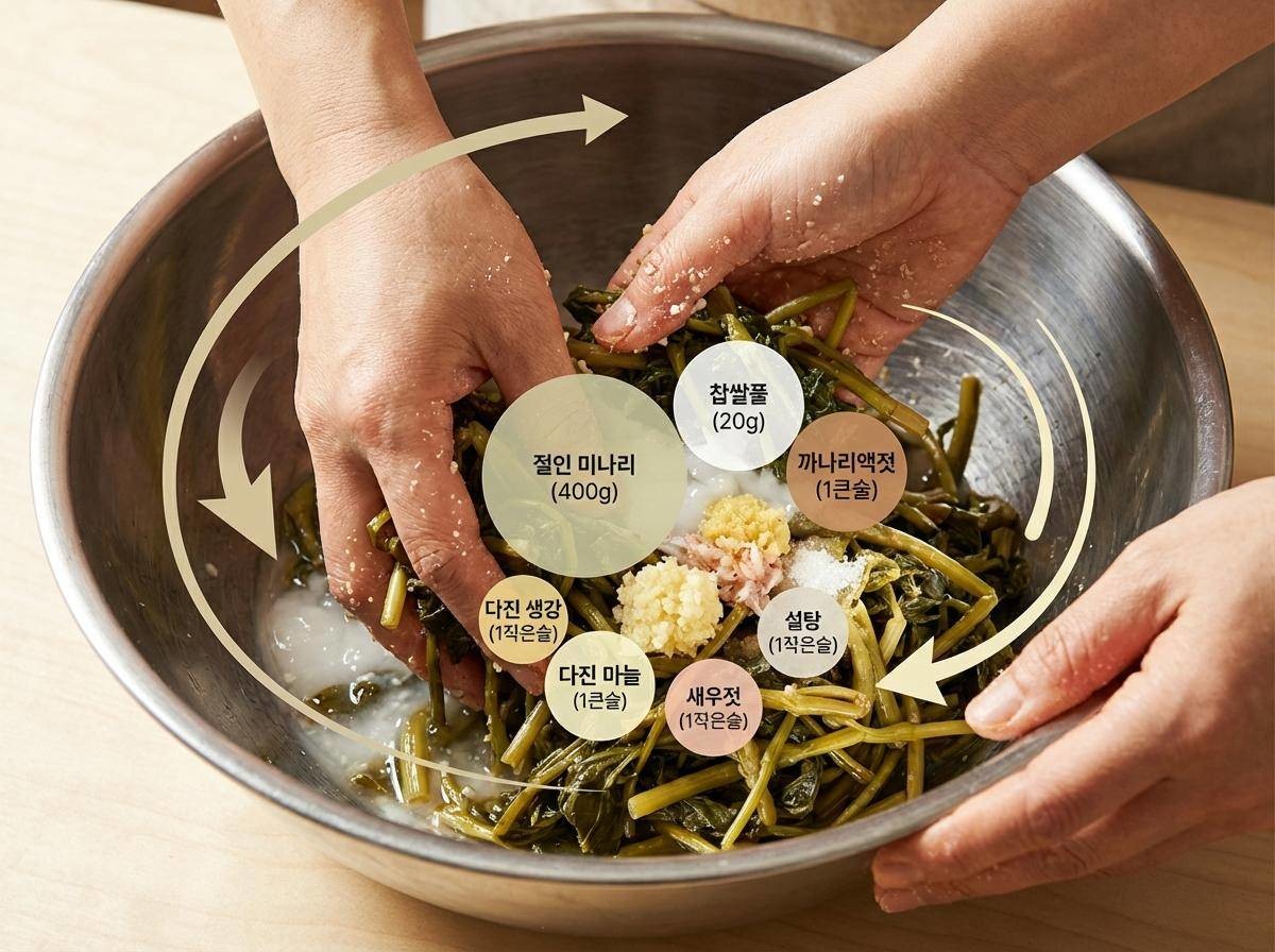 미나리김치 버무리는 과정. 맛깔나게 완성된 미나리김치. 기사 내용을 바탕으로 제작한 자료사진.