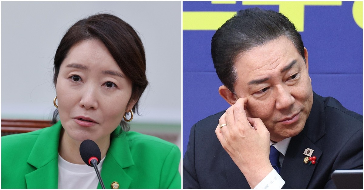 강선우(왼쪽) 더불어민주당 의원과 김병기 더불어민주당 원내대표. / 뉴스1