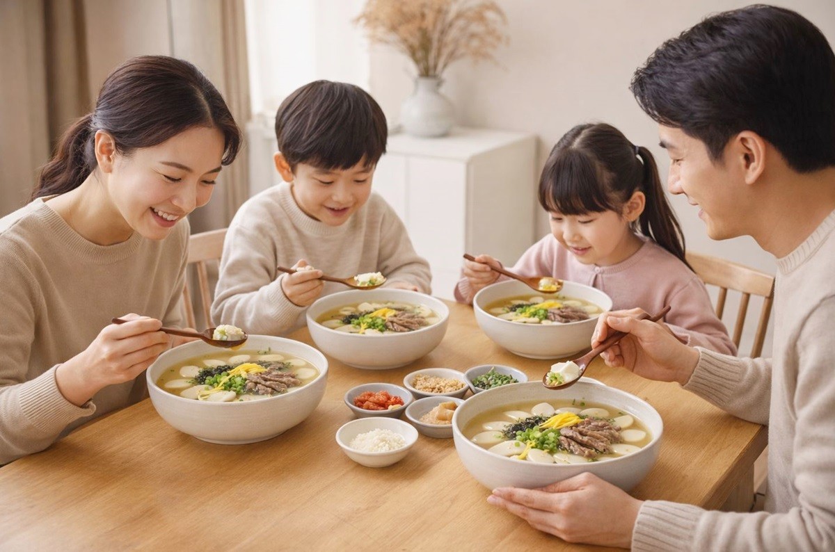 새해 가족이 모여 떡국을 먹는 모습. 기사 이해를 돕기 위해 AI를 활용해 제작한 자료 사진입니다.