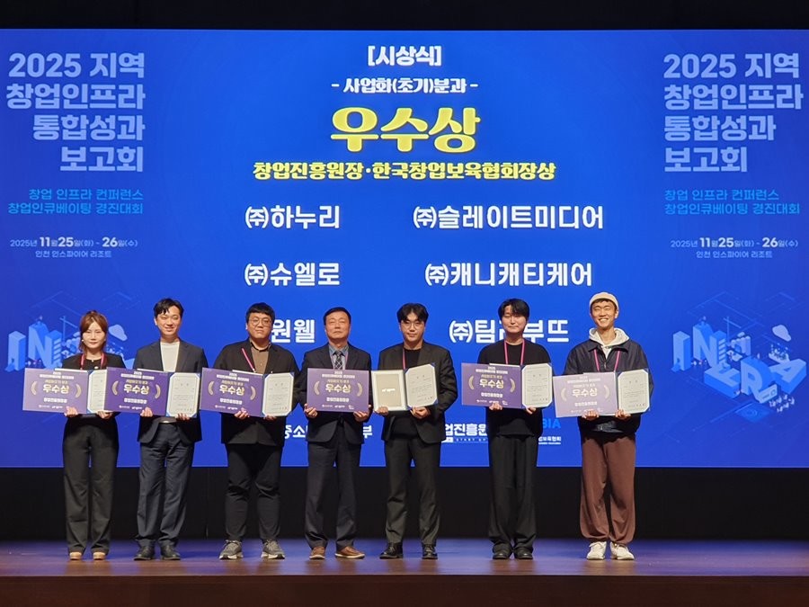최근 인천 인스파이어 리조트에서 열린 ‘2025 지역 창업인프라 통합성과보고회’에서 우수상 수상한 기업 관계자들이 기념촬영을 하고 있다.  / 계명문화대 제공