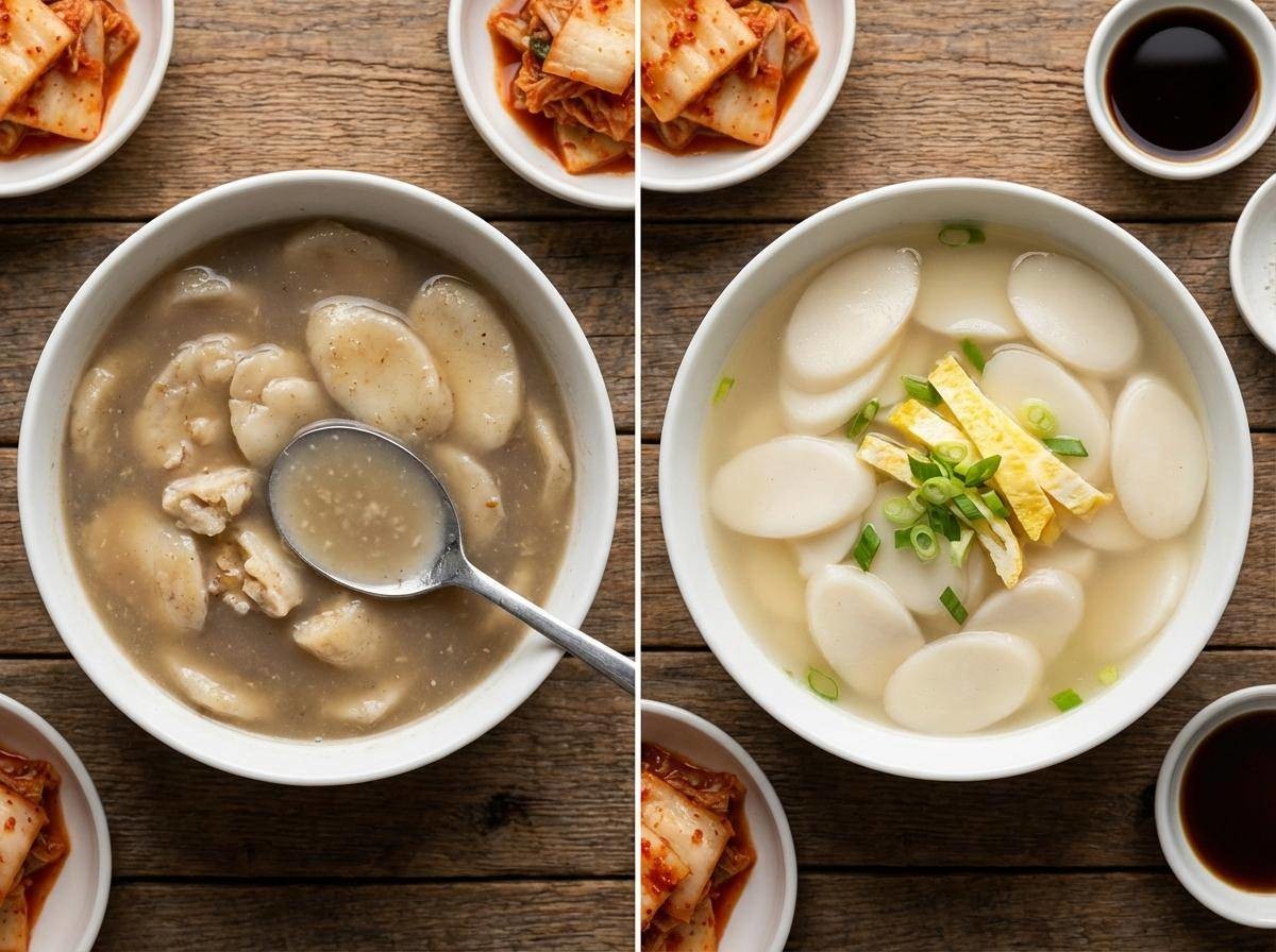 퍼진 떡의 떡국과 맛있게 잘 조리된 떡국, 비교사진. 기사 내용을 바탕으로 제작한 자료사진.