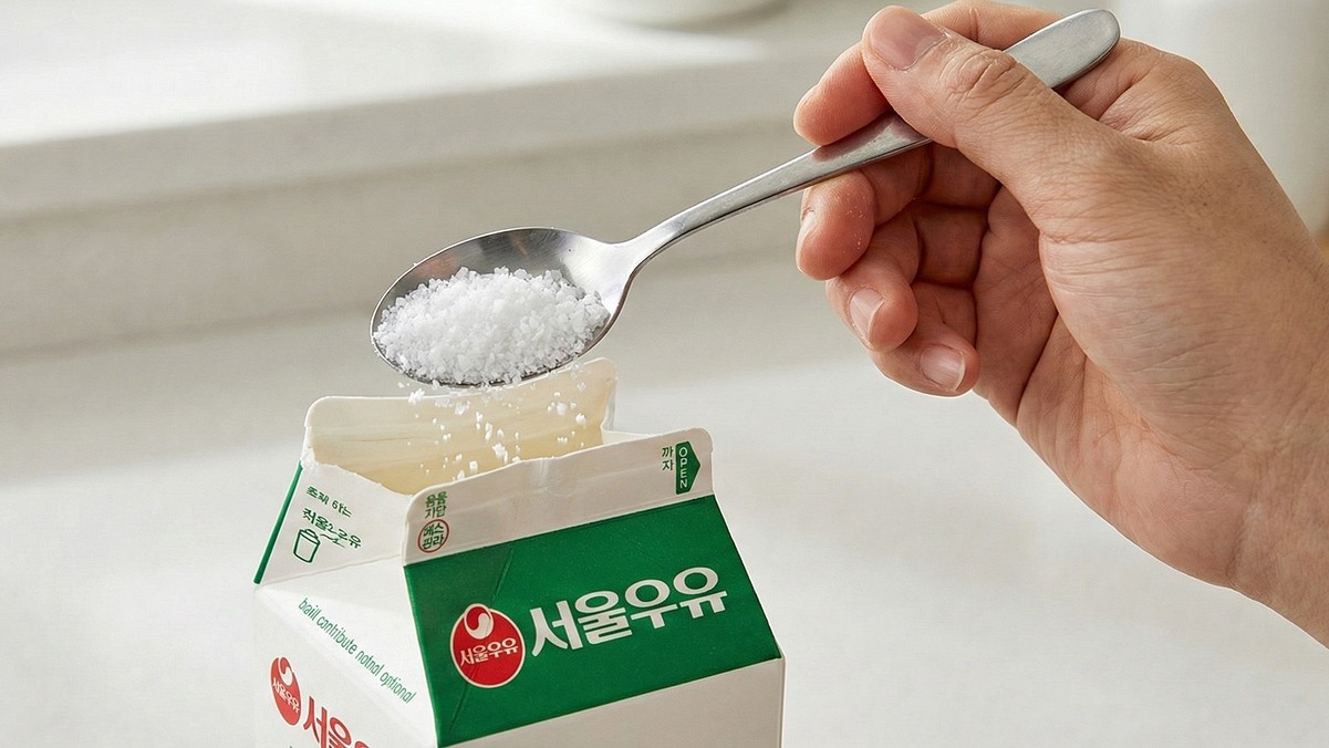 우유에 소금 한 스푼을 넣고 있는 모습 / AI 생성 이미지