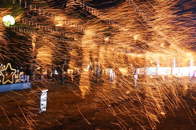 31일 함평엑스포공원에서 펼쳐진 ‘송년의 밤 낙화놀이’에서     수천 개의 불꽃으로 화려하게 수놓아졌다./노해섭 기자