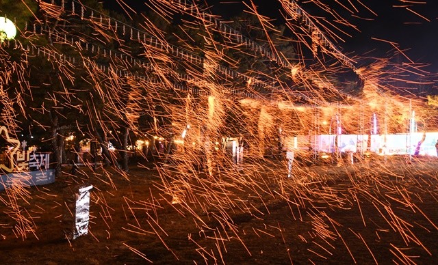 31일 함평엑스포공원에서 펼쳐진 ‘송년의 밤 낙화놀이’에서  수천 개의 불꽃으로 화려하게 수놓아졌다./노해섭 기자