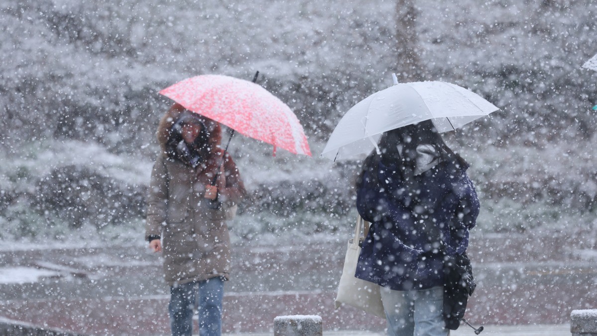 거리에서 시민들이 우산을 쓰고 눈길을 걷고 있다 / 뉴스1