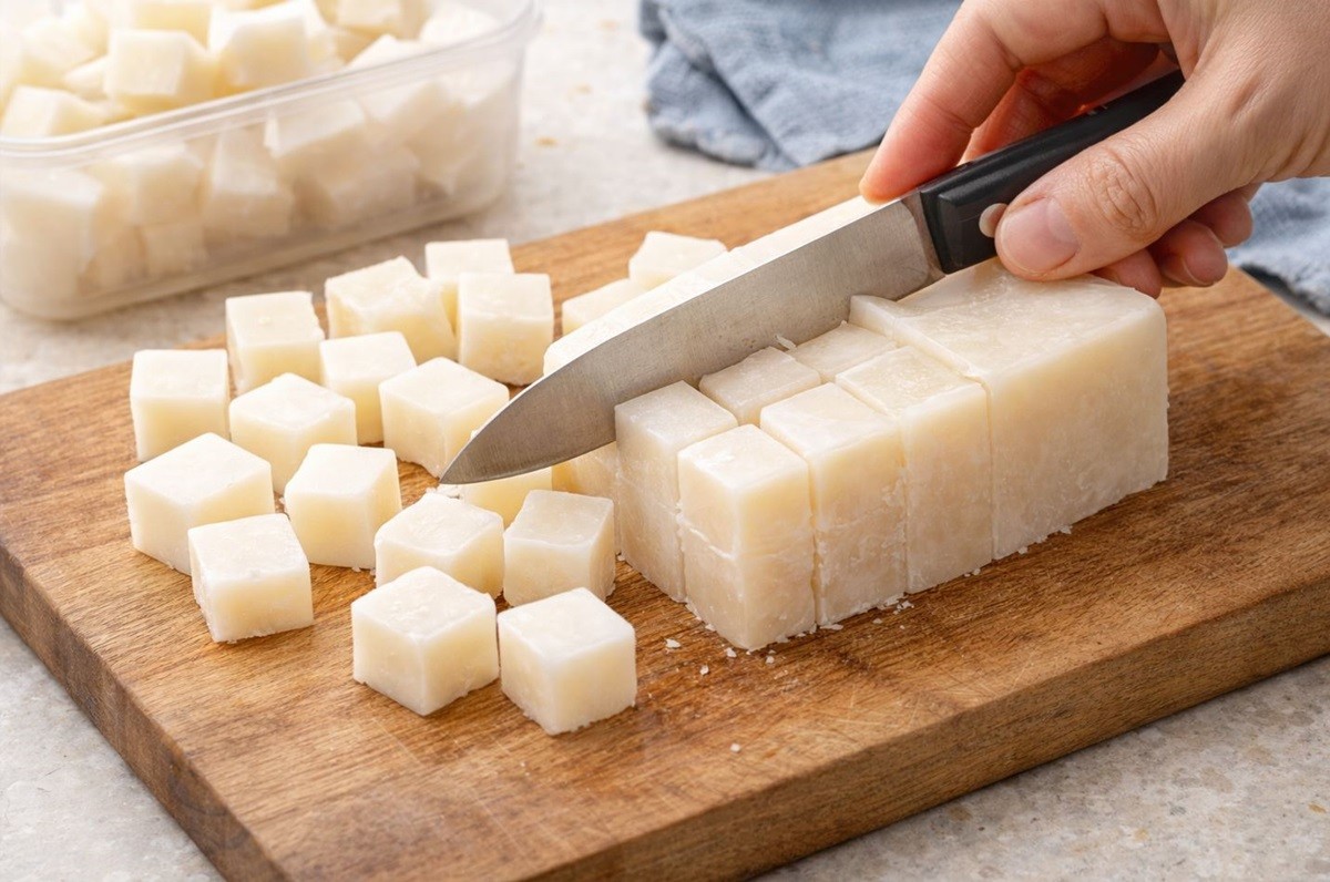 완성한 글리세린 비누를 칼로 잘게 자르는 모습. 기사 이해를 돕기 위해 AI를 활용해 제작한 자료 사진입니다. 실제 모습과 다소 차이가 있을 수 있습니다.