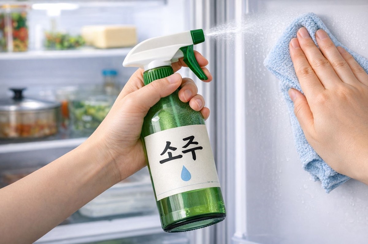 냉장고 청소를 위해 소주를 분무기에 뿌리는 모습. 기사 이해를 돕기 위해 AI를 활용해 제작한 자료 사진입니다. 실제 모습과 다소 차이가 있을 수 있습니다.