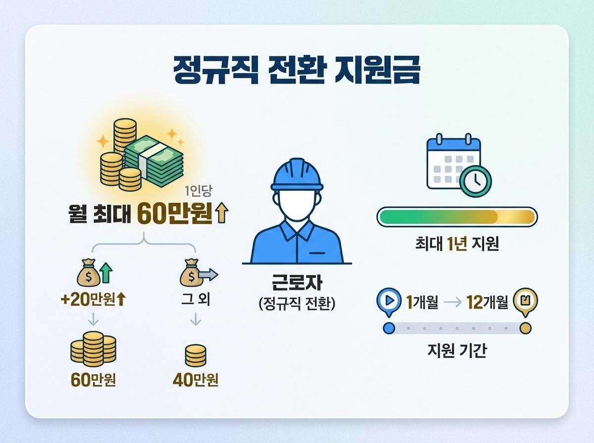 지원 금액은 정규직으로 전환한 근로자 1인당 월 최대 60만원이다. 정규직 전환으로 월급이 20만원 이상 증가한 경우 1인당 60만원, 그 외 40만원이 지급되며,   지원 기간은 최대 1년이다. 지급 신청은 3개월 단위로 할 수 있다. 기사 내용을 바탕으로 제작한 자료사진.