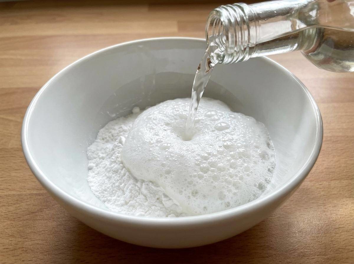 베이킹소다와 식초 섞은 것에 물을 부어 청소 세제 만드는 모습. 기사 내용을 바탕으로 제작한 자료사진.