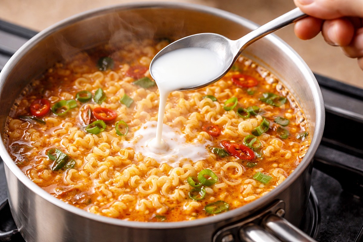 라면에 우유 1숟가락을 넣는 모습. 기사 이해를 돕기 위해 AI를 활용해 제작한 자료 사진입니다.