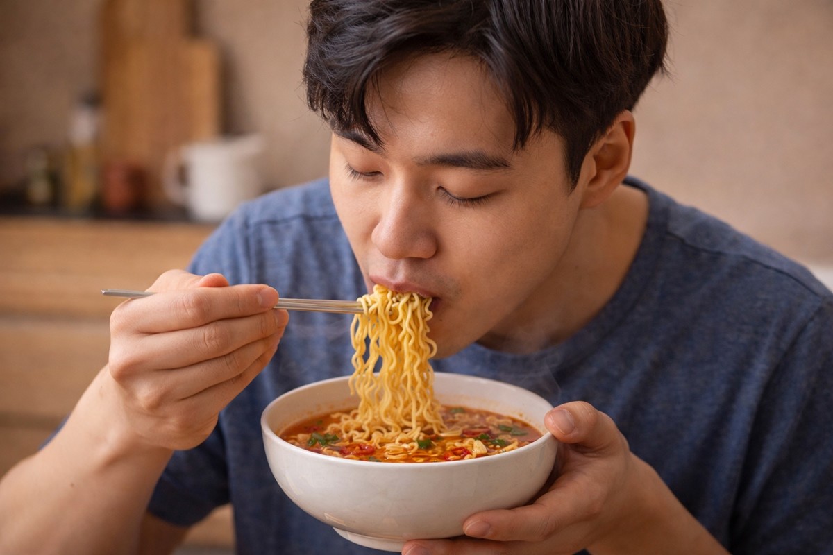 라면을 맛있게 먹는 모습. 기사 이해를 돕기 위해 AI를 활용해 제작한 자료 사진입니다.