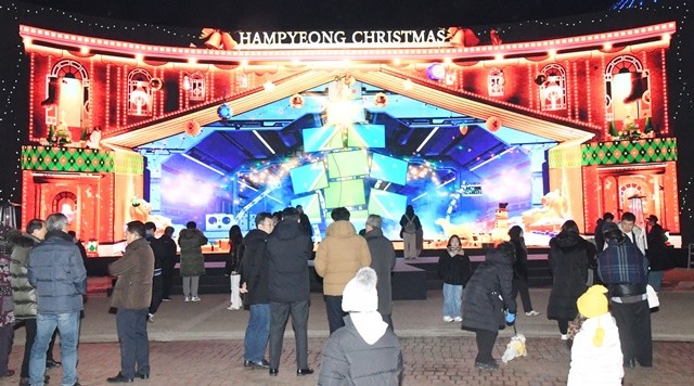 4일 함평겨울빛축제 중앙광장 주무대에 설치된 이이남 작가의 미디어아트 작품 을 관광객들이 감사하고 있다. / 노해섭 기자