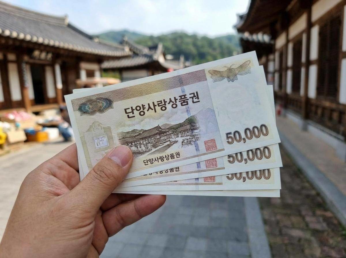 단양형 민생안정지원금 금액은 1인당 20만원이며, 지류형 단양사랑상품권으로 지급된다. 기사 내용을 바탕으로 제작한 가상의 사진.