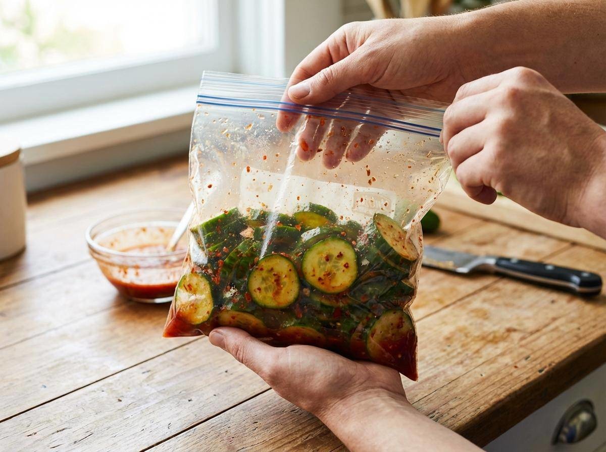 '지퍼백 활용해 오이무침 뚝딱'. 기사 내용을 바탕으로 제작한 자료사진.