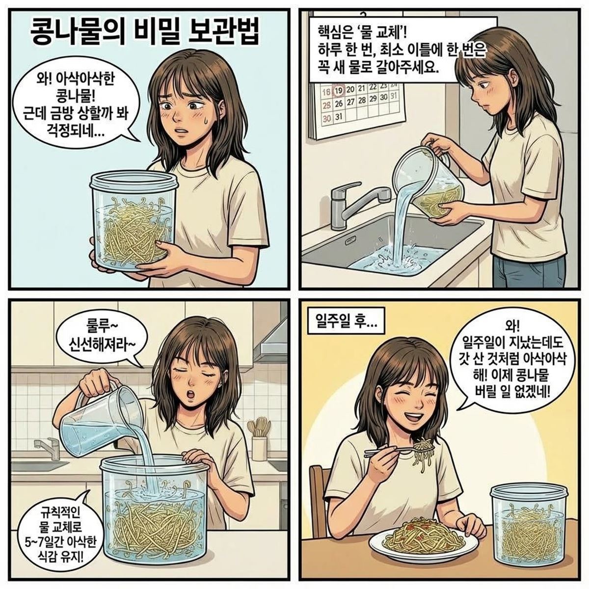 [만화] 콩나물 보관 꿀팁을 만화로 재현한 네컷 웹툰
