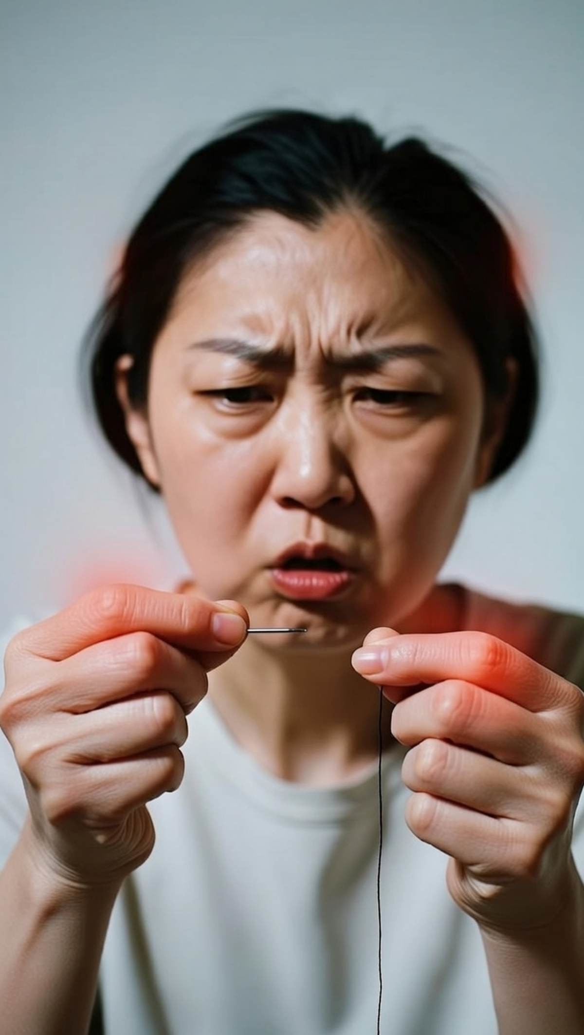 바늘에 실꿰기, 계속된 실패에 화가 잔뜩 난 사람. 기사 내용을 바탕으로 제작한 자료사진.