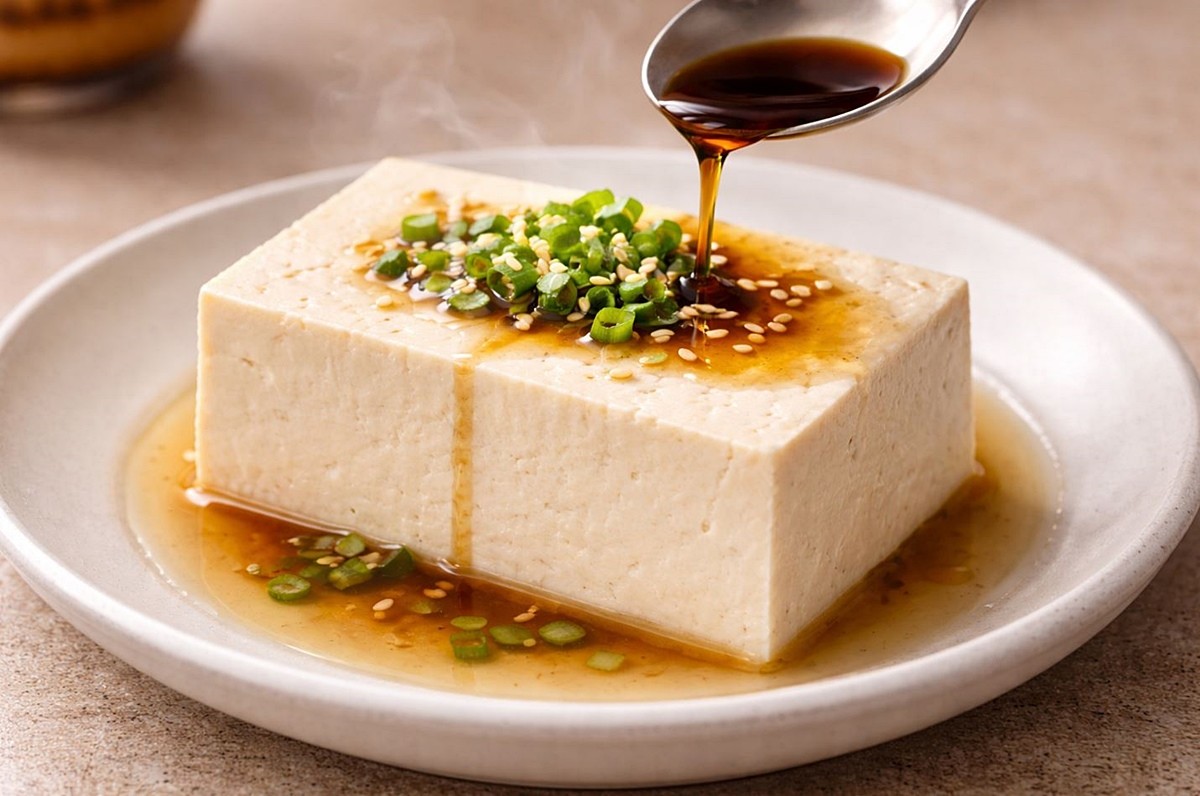 데친 두부에 간장을 뿌린 온두부 요리 모습. 기사 이해를 돕기 위해 AI를 활용해 제작한 자료 사진입니다.