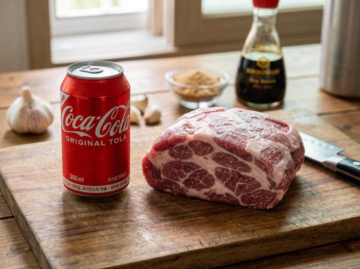 '돼지고기 목살-콜라 요리' 간단 재료들. 기사 내용을 바탕으로 AI툴 활용해 제작한 자료사진.