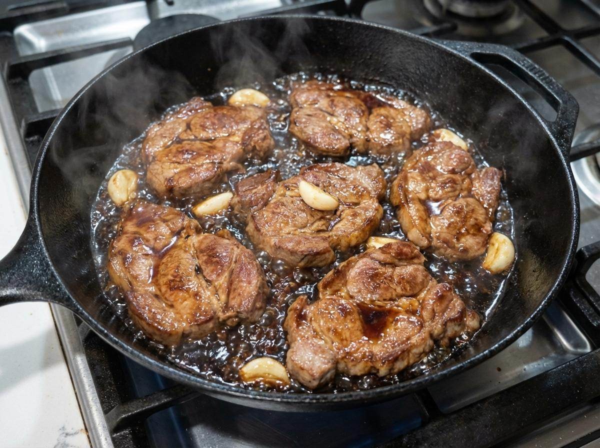 '먹음직스럽게 조려지고 있는 돼지고기 목살 요리'. 기사 내용을 바탕으로     AI툴 활용해    제작한 자료사진.